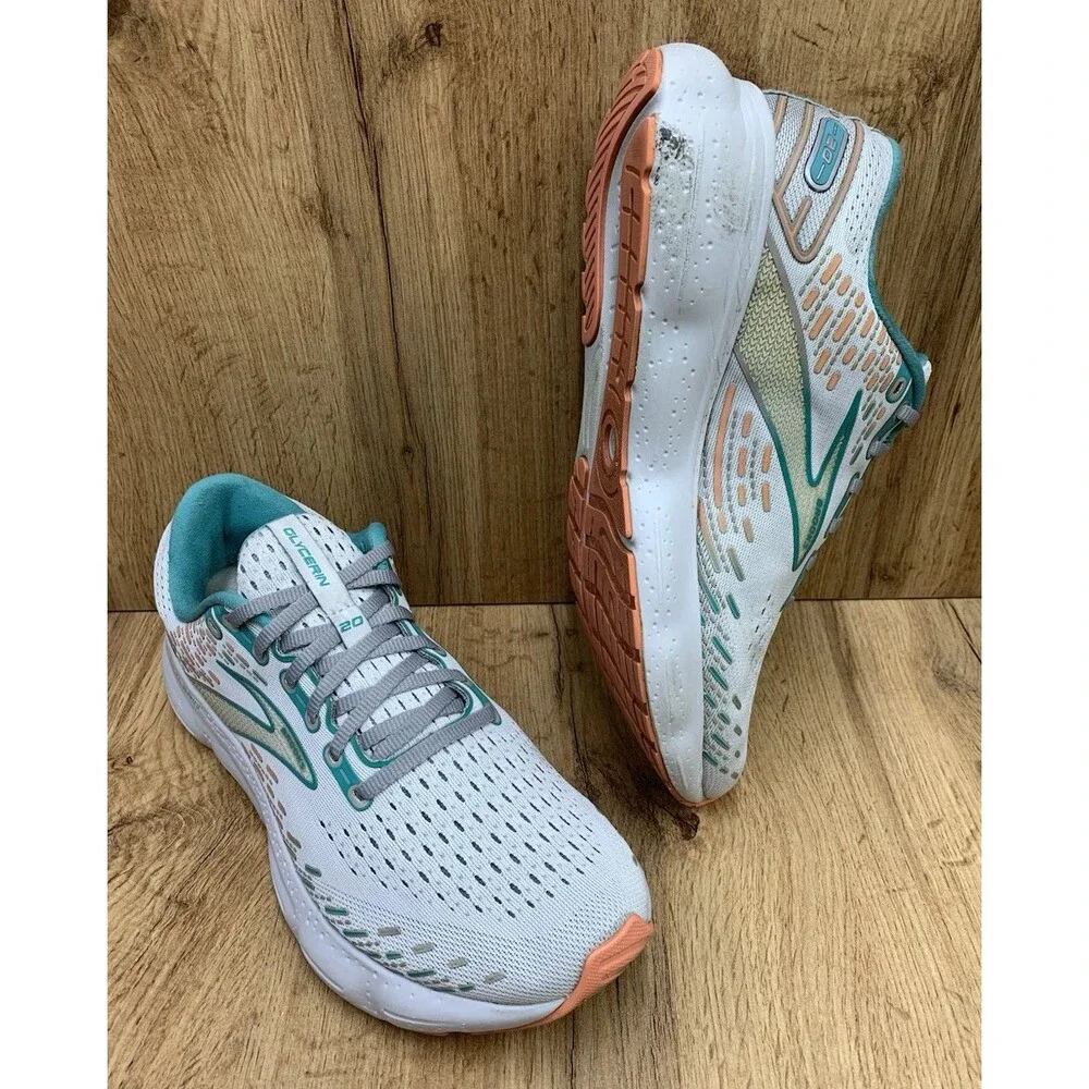 Brooks Glycerin 20 Womens Running Shoes White Aqua Coral Size 10.5 B 1203691B061